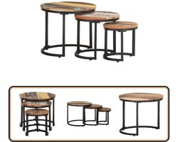 vidaXL Bijzettafel Set - Massief Gerecycled Hout - 3 Stuks Bijzet Tafel - Industrieel Design - Houten Bijzettafel - Multifunctionele Tafel - Vintage Meubels