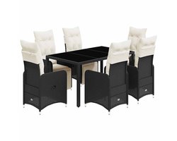 vidaXL Bistroset 7-delig - Zwart - Verstelbaar - Inclusief kussens Tuinstoelen - Lounge Set - Buitendecoratie - Terrasdecoratie - Eetkamerset
