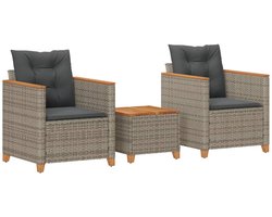 vidaXL Bistroset - Bistrosets - Loungeset - Tuinset - 3-delige Bistroset met kussens poly rattan en acaciahout grijs