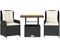vidaXL Bistroset - Bistrosets - Loungeset - Tuinset - 3-delige Bistroset met kussens poly rattan zwart
