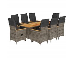 vidaXL Bistroset - Bistrosets - Loungeset - Tuinset - 9-delige Bistroset met kussens poly rattan grijs