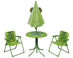 vidaXL Bistroset Kinderen - Groen - Inclusief Parasol Tuinmeubles Kinder - Kids Meubels Buiten - Houten Kinderstoel - Plastic Kinderstoelen - Balkon Meubelset