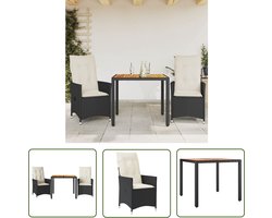 vidaXL Bistroset - Tuinmeubel - 3-delige Bistroset met kussens poly rattan en acaciahout zwart - Lounge Set - Buitendecor - Terrasdecor