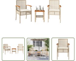 vidaXL Bistroset - Tuinmeubilair - 3-delige Bistroset met kussens poly rattan en acaciahout beige - Buitentafel - Lounge Set - Patio Set