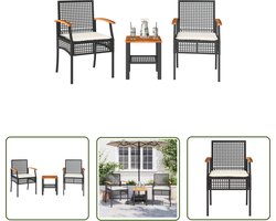 vidaXL Bistroset - Tuinmeubilair - 3-delige Bistroset met kussens poly rattan en acaciahout zwart - Buitentafel - Lounge Set - Patio Furniture