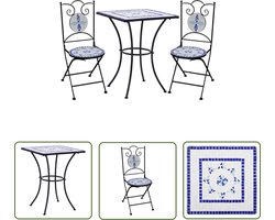vidaXL Bistroset - Tuinmeubilair - 3-delige Bistroset mozaïek keramische tegel blauw en wit - Mozaïek - Keramiek - Buitentafel