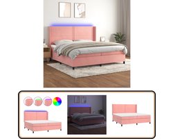 vidaXL Boxspring - Fluweel Roze - 200x200 cm - LED Verlichting Boxspring - Fluweel Bed - Verstelbare Hoofdbord - Led Lampen - Pocketveer Matras
