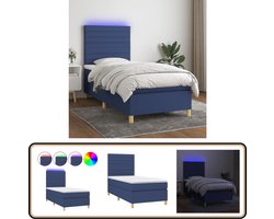 vidaXL Boxspring met LED en matras - Blauw 100x200 Boxspring - Led Lamp - Tweepersoonsbed - Boxspring Bed - Pocketed Spring Mattress