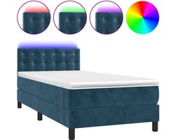 vidaXL - Boxspring - met - matras - en - LED - fluweel - donkerblauw - 90x200 - cm