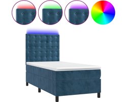 vidaXL - Boxspring - met - matras - en - LED - fluweel - donkerblauw - 90x200 - cm