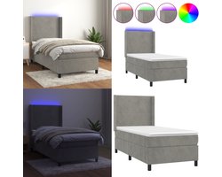 vidaXL Boxspring met matras en LED fluweel lichtgrijs 100x200 cm - Boxspring - Boxsprings - Bed - Slaapmeubel