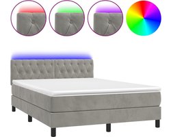 vidaXL - Boxspring - met - matras - en - LED - fluweel - lichtgrijs - 140x200 - cm