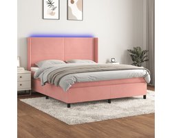 vidaXL - Boxspring - met - matras - en - LED - fluweel - roze - 160x200 - cm