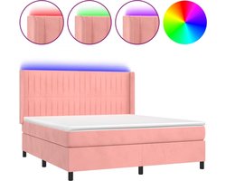 vidaXL - Boxspring - met - matras - en - LED - fluweel - roze - 160x200 - cm