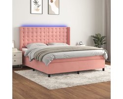 vidaXL - Boxspring - met - matras - en - LED - fluweel - roze - 160x200 - cm