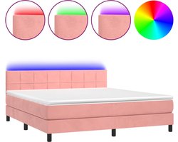 vidaXL - Boxspring - met - matras - en - LED - fluweel - roze - 160x200 - cm
