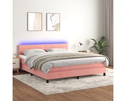 vidaXL - Boxspring - met - matras - en - LED - fluweel - roze - 160x200 - cm