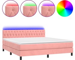 vidaXL - Boxspring - met - matras - en - LED - fluweel - roze - 160x200 - cm
