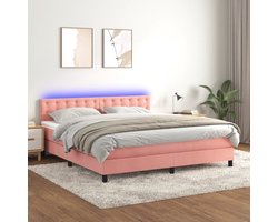 vidaXL - Boxspring - met - matras - en - LED - fluweel - roze - 160x200 - cm