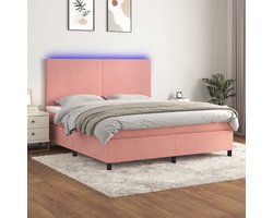vidaXL - Boxspring - met - matras - en - LED - fluweel - roze - 160x200 - cm