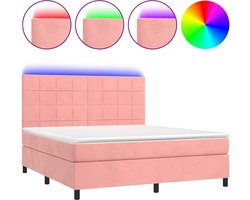 vidaXL - Boxspring - met - matras - en - LED - fluweel - roze - 160x200 - cm
