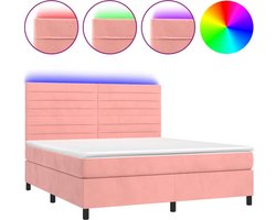 vidaXL - Boxspring - met - matras - en - LED - fluweel - roze - 160x200 - cm