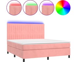 vidaXL - Boxspring - met - matras - en - LED - fluweel - roze - 160x200 - cm