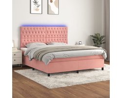 vidaXL - Boxspring - met - matras - en - LED - fluweel - roze - 160x200 - cm