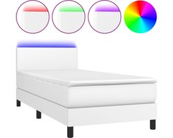 vidaXL - Boxspring - met - matras - en - LED - kunstleer - wit - 80x200 - cm