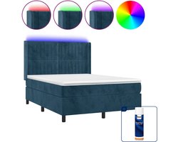 vidaXL boxspring met matras en led - Small double - donkerblauw - Inclusief textielbeschermer 500 ml