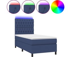 vidaXL - Boxspring - met - matras - en - LED - stof - blauw - 100x200 - cm