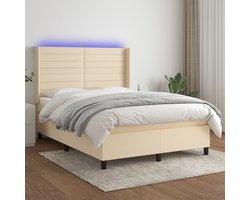 vidaXL - Boxspring - met - matras - en - LED - stof - crèmekleurig - 140x200 - cm
