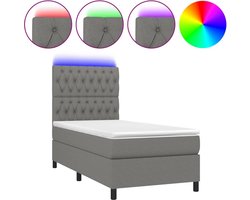vidaXL - Boxspring - met - matras - en - LED - stof - donkergrijs - 90x200 - cm
