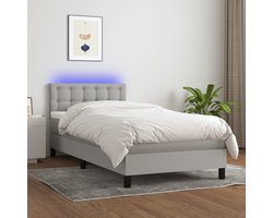 vidaXL - Boxspring - met - matras - en - LED - stof - lichtgrijs - 90x200 - cm