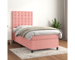 vidaXL - Boxspring - met - matras - fluweel - roze - 90x200 - cm