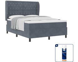 vidaXL boxspringbed met matras - Small double 200 x 140 cm - fluweel - donkergrijs - Inclusief textielbeschermer 500 ml