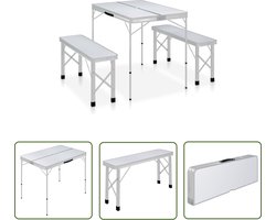 vidaXL Buitentafel - Campingtafel - Campingtafel inklapbaar met 2 banken aluminium wit - Klaptafel - Picnictafel - Vouwtafel