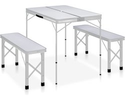vidaXL - Campingtafel - inklapbaar - met - 2 - banken - aluminium - wit