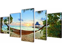 vidaXL - Canvas - muurdruk - set - zandstrand - met - hangmat - 100 - x - 50 - cm