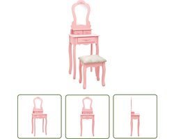 vidaXL Dressing Table - Kaptafel - Kaptafelset met kruk 50x59x136 cm paulowniahout roze - Roze Kaptafel - Make-up Tafel - Salontafel