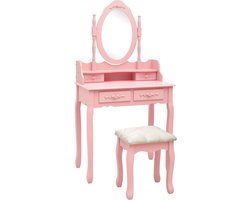 vidaXL Dressing Table - Kaptafel - Kaptafelset met kruk 75x69x140 cm paulowniahout roze - Make-up Tafel - Rozenkleurige Kaptafel - Paulownia Hout