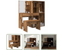 vidaXL Dressing Table - Kaptafel - Kaptafelset met LED-verlichting bewerkt hout oud houtkleurig - Make-up Tafel - Led Verlichting - Bewerkt Hout