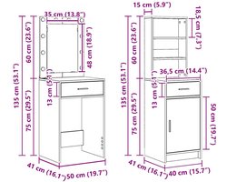 vidaXL - Dressing - tafel - set - met - LED - 2 - st - Beton - Grijs - Bewerkt - hout