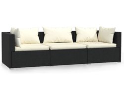 vidaXL - Driezitsbank - met - kussens - poly - rattan - zwart