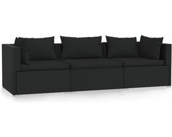 vidaXL - Driezitsbank - met - kussens - poly - rattan - zwart