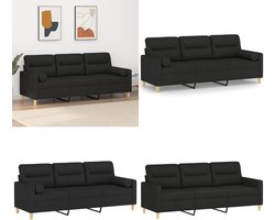 vidaXL Driezitsbank met sierkussens 180 cm stof zwart - Driezitsbank - Driezitsbanken - 3-zitsbank - Bank