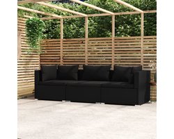 vidaXL Driezitsbank - Poly Rattan - Zwart met Kussens Tuinbank - PE-rattan - Zwarte Tuinbank - 3 Zits Bank - Buitendrank