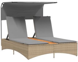 vidaXL Dubbel Ligbed - Dubbele Ligbedden - Ligbed - Tuinstoel - Ligbed 2-persoons luifel en kussens poly rattan gemengd beige
