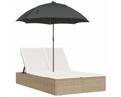 vidaXL Dubbel Ligbed - Dubbele Ligbedden - Ligbed - Tuinstoel - Ligbed 2-persoons met kussens en parasol poly rattan beige