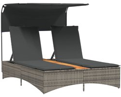vidaXL Dubbel Ligbed - Dubbele Ligbedden - Ligbed - Tuinstoel - Ligbed 2-persoons met luifel en kussens poly rattan grijs